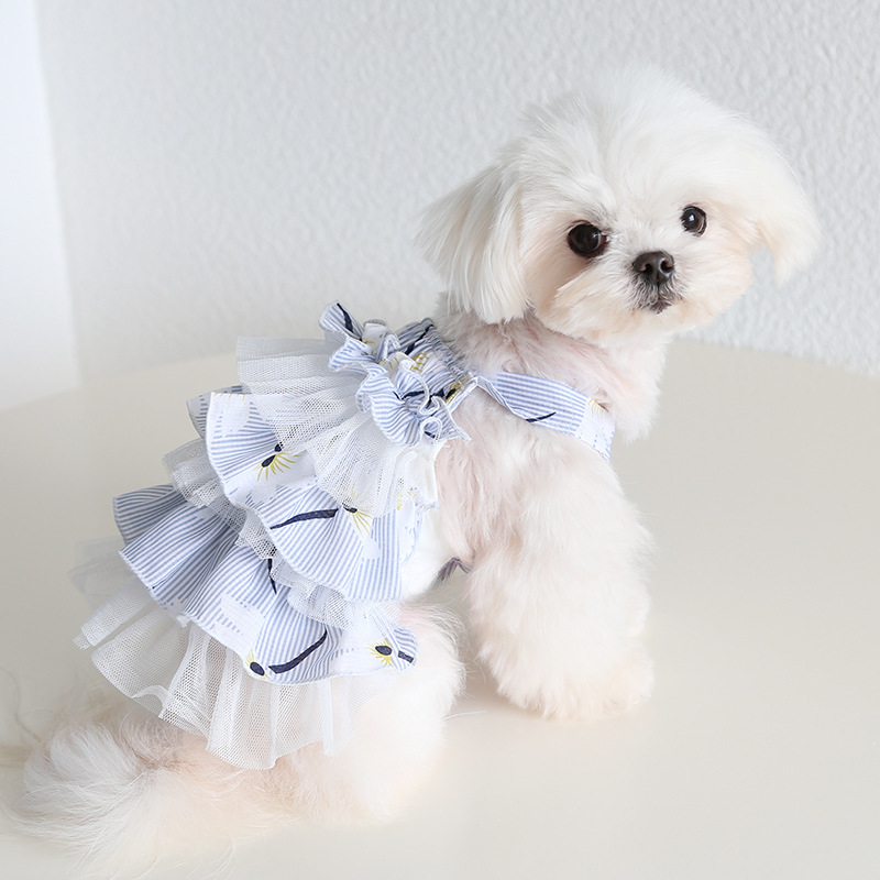 Pet Tiered Dress Floral Print Mesh Layer