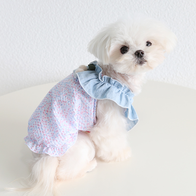 Pet Denim Vest Floral Print Doll Collar