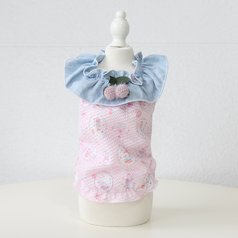 Pet Denim Vest Floral Print Doll Collar