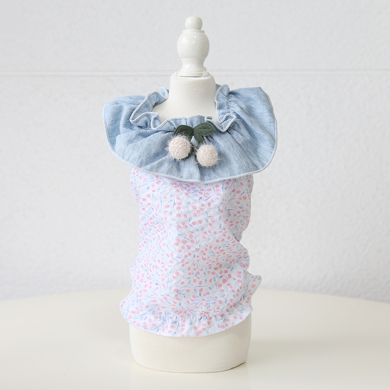 Pet Denim Vest Floral Print Doll Collar
