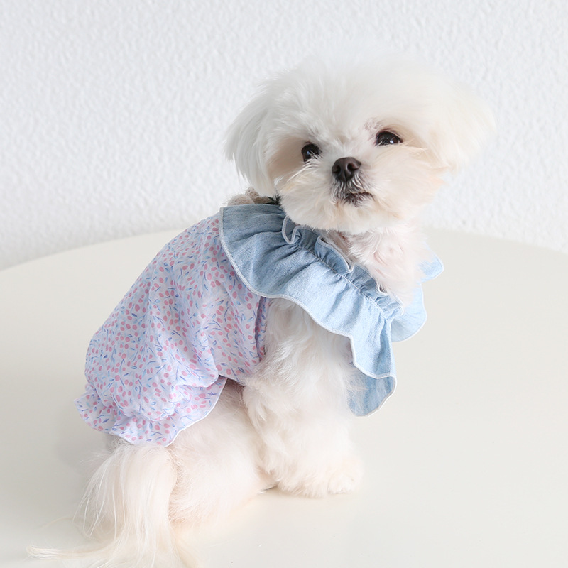 Pet Denim Vest Floral Print Doll Collar