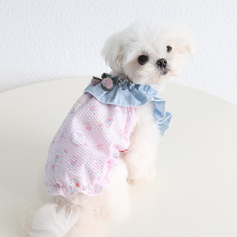 Pet Denim Vest Floral Print Doll Collar