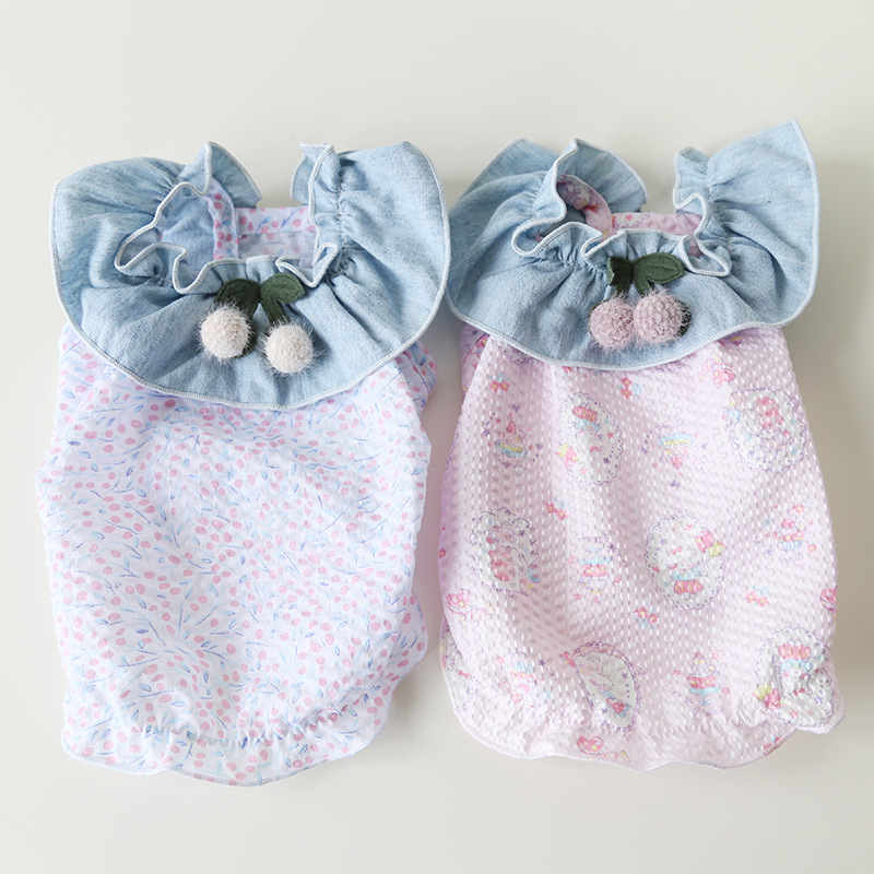 Pet Denim Vest Floral Print Doll Collar