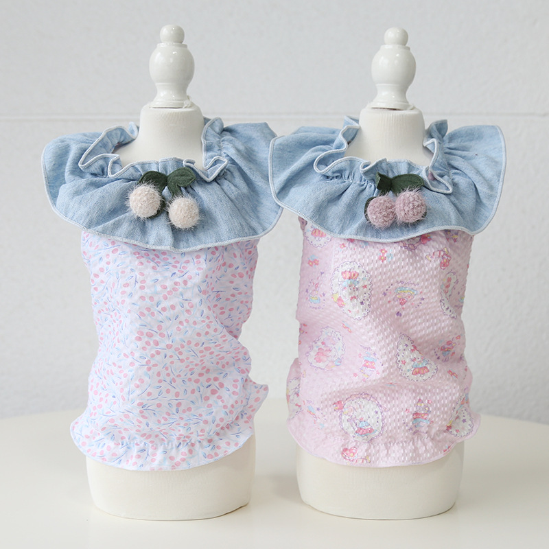 Pet Denim Vest Floral Print Doll Collar
