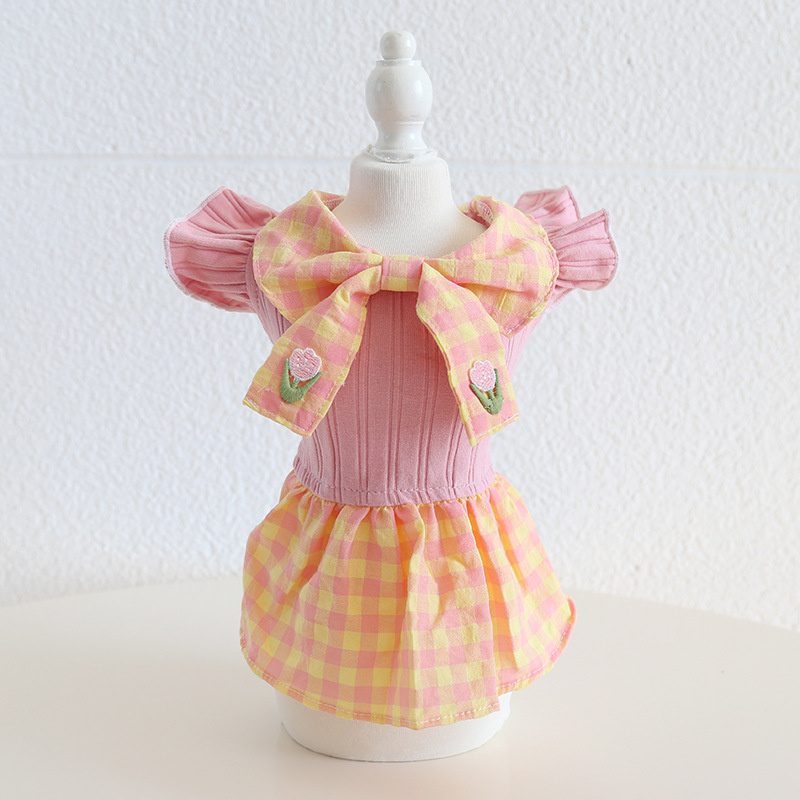 Pet Plaid Dress Double Bow Knit Top
