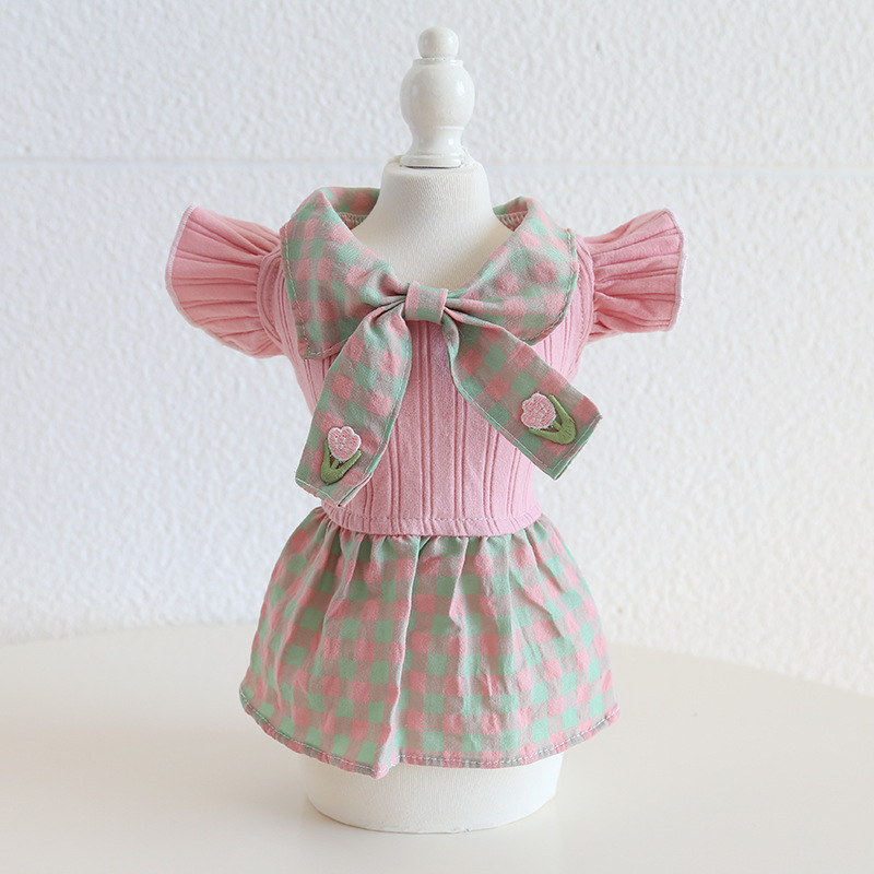 Pet Plaid Dress Double Bow Knit Top