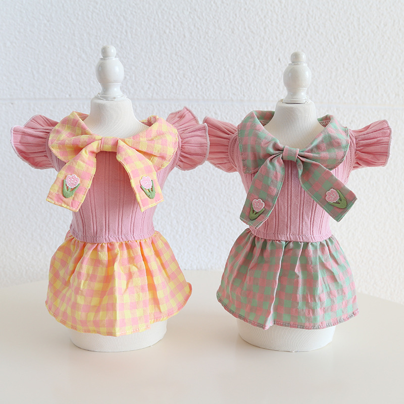 Pet Plaid Dress Double Bow Knit Top