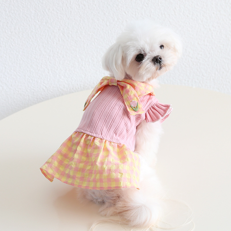 Pet Plaid Dress Double Bow Knit Top