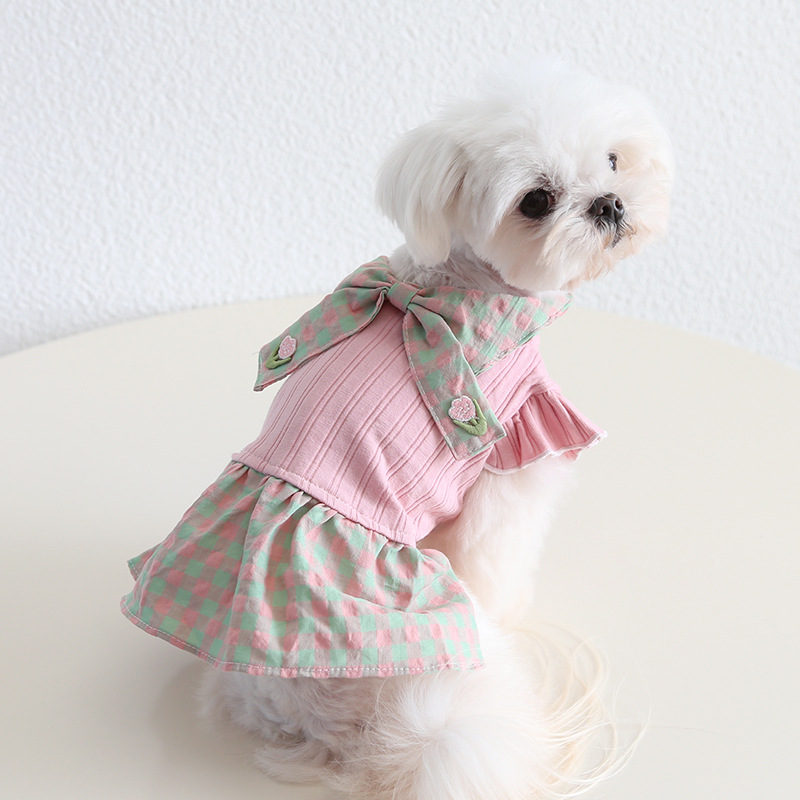 Pet Plaid Dress Double Bow Knit Top