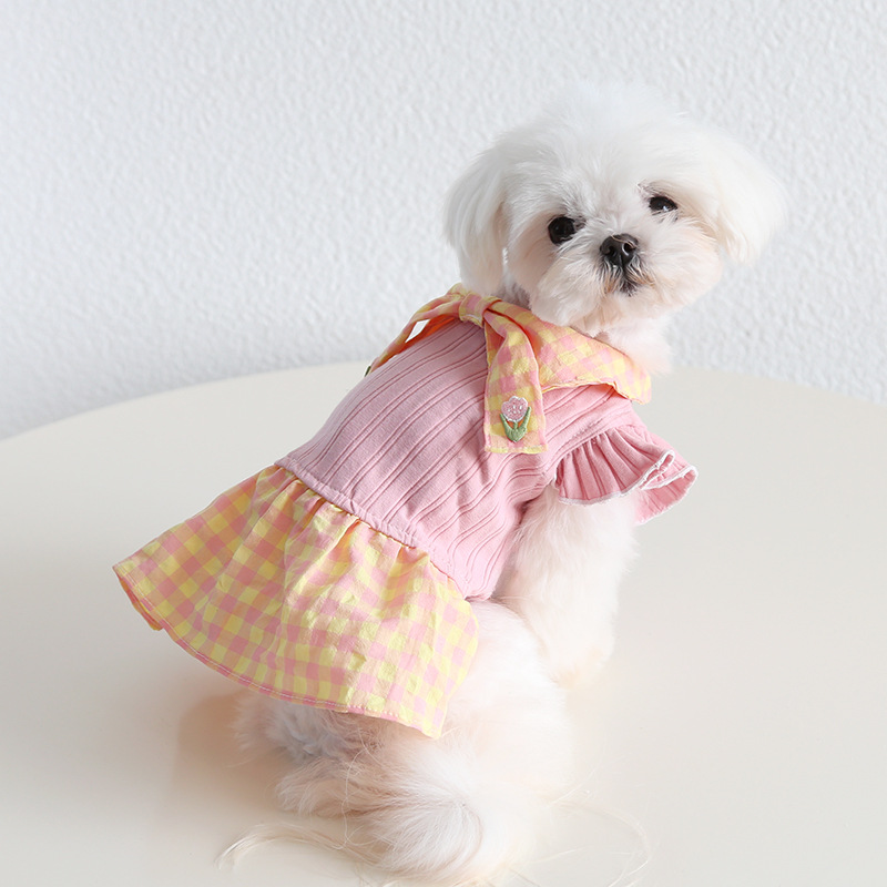 Pet Plaid Dress Double Bow Knit Top