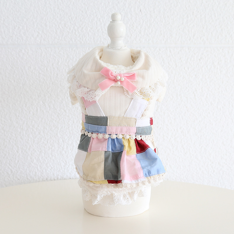 Pet Plaid Dress Lace Collar Bow Tie