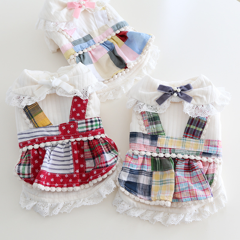 Pet Plaid Dress Lace Collar Bow Tie