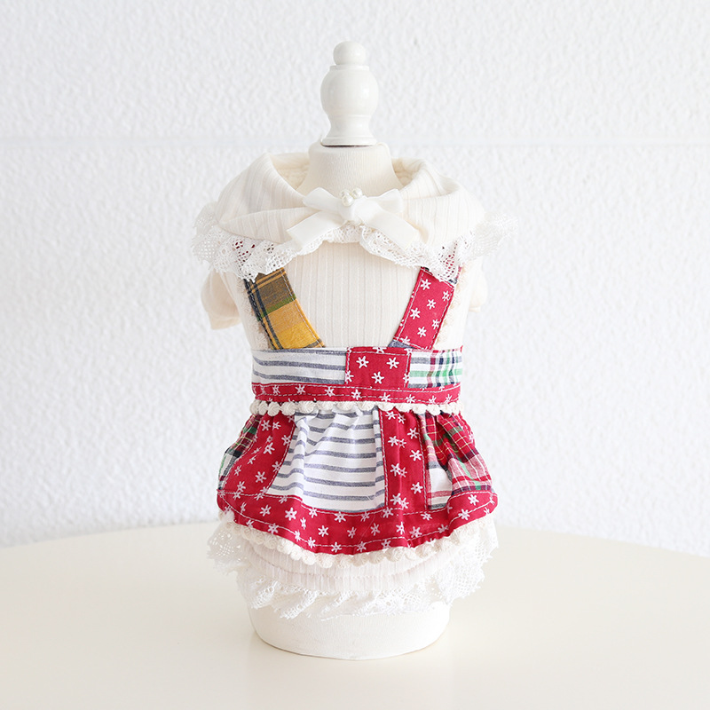 Pet Plaid Dress Lace Collar Bow Tie