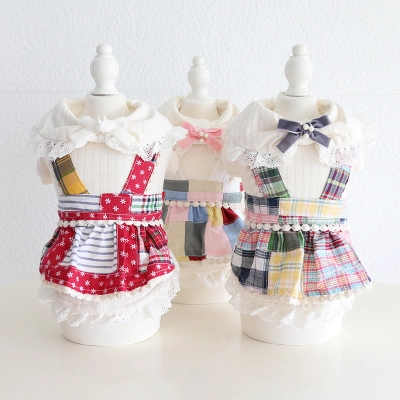 Pet Plaid Dress Lace Collar Bow Tie 01