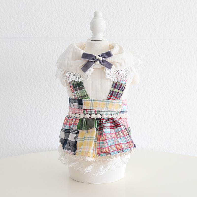 Pet Plaid Dress Lace Collar Bow Tie