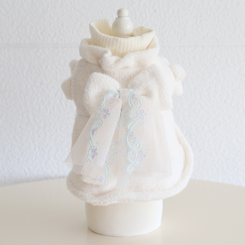 Pet High Neck Sweater Bowknot Lace Trim