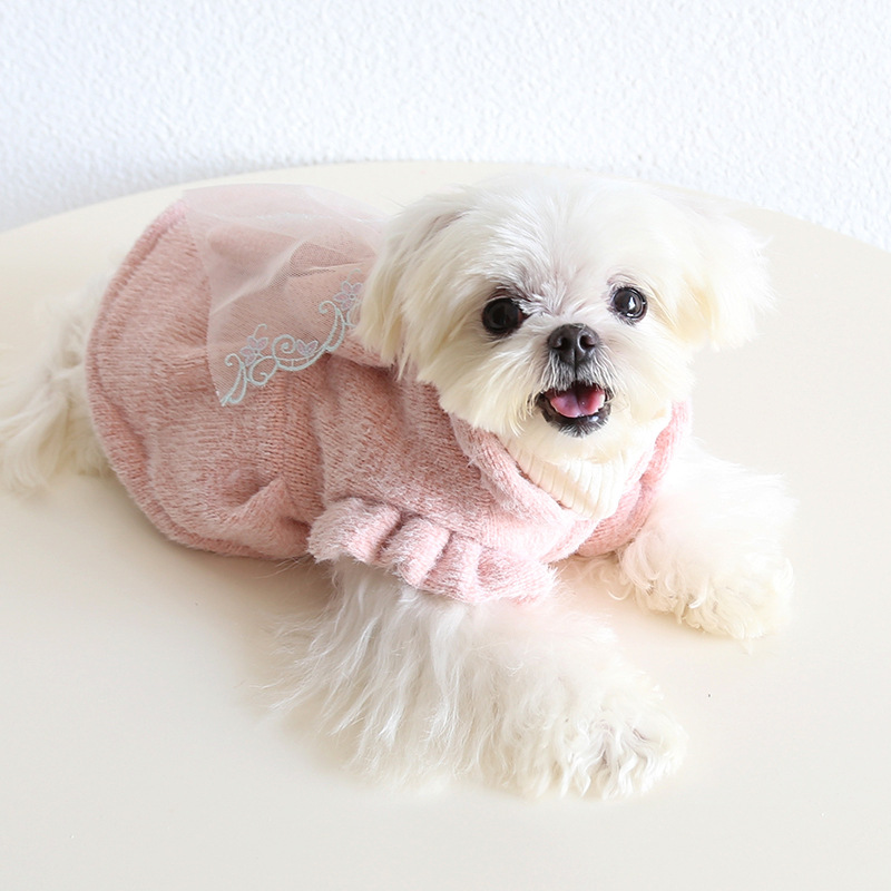 Pet High Neck Sweater Bowknot Lace Trim