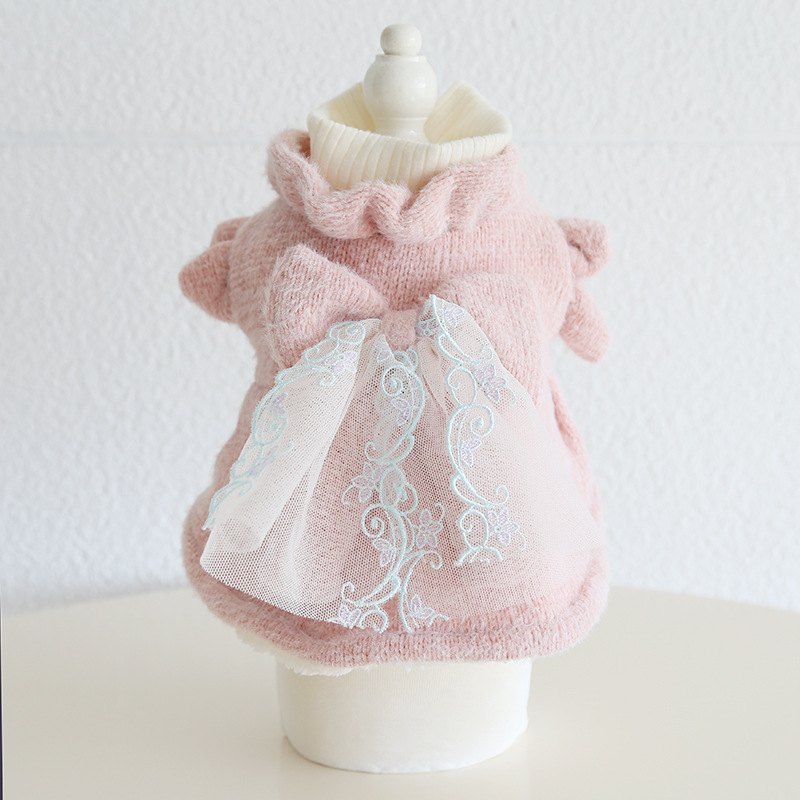 Pet High Neck Sweater Bowknot Lace Trim