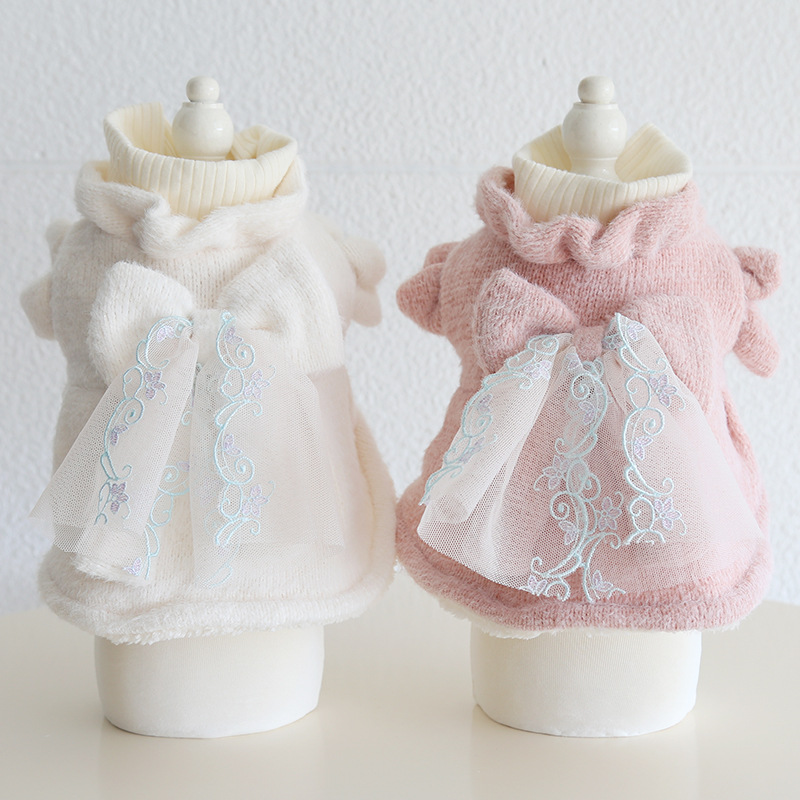Pet High Neck Sweater Bowknot Lace Trim
