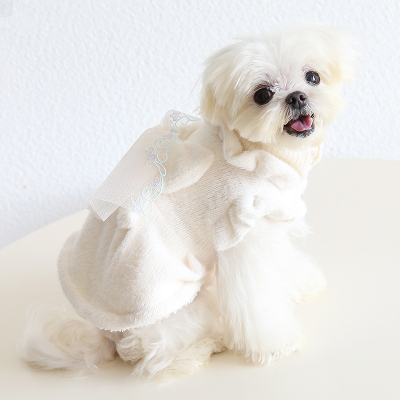 Pet High Neck Sweater Bowknot Lace Trim