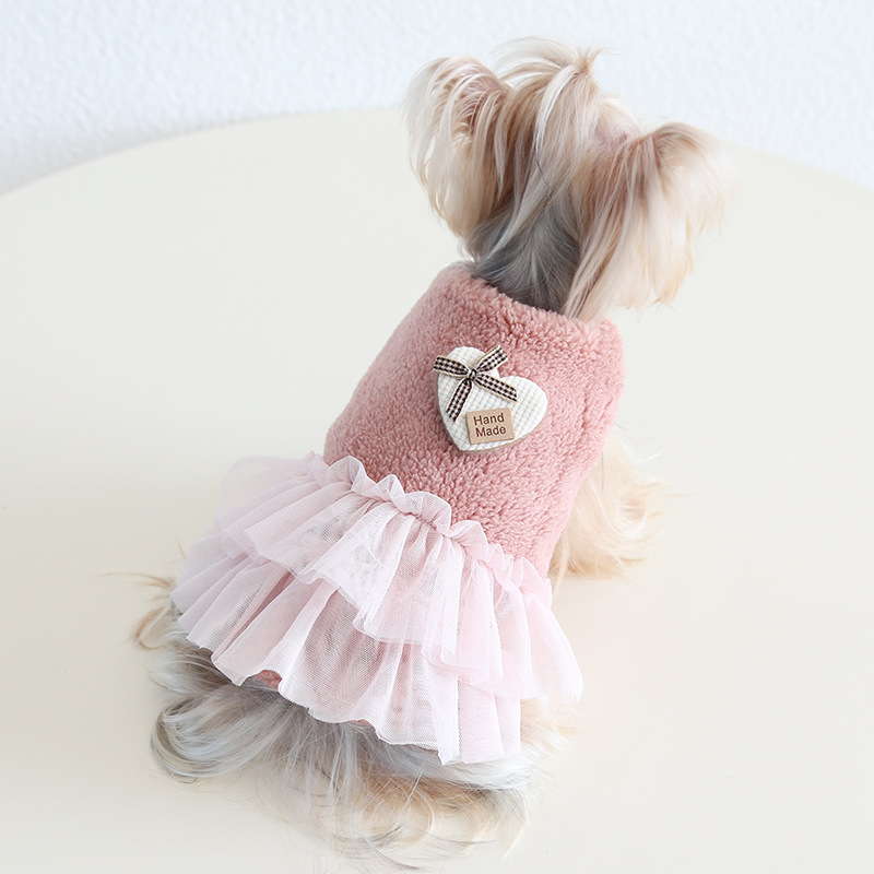 Pet Plush Top Heart Applique Tulle Skirt