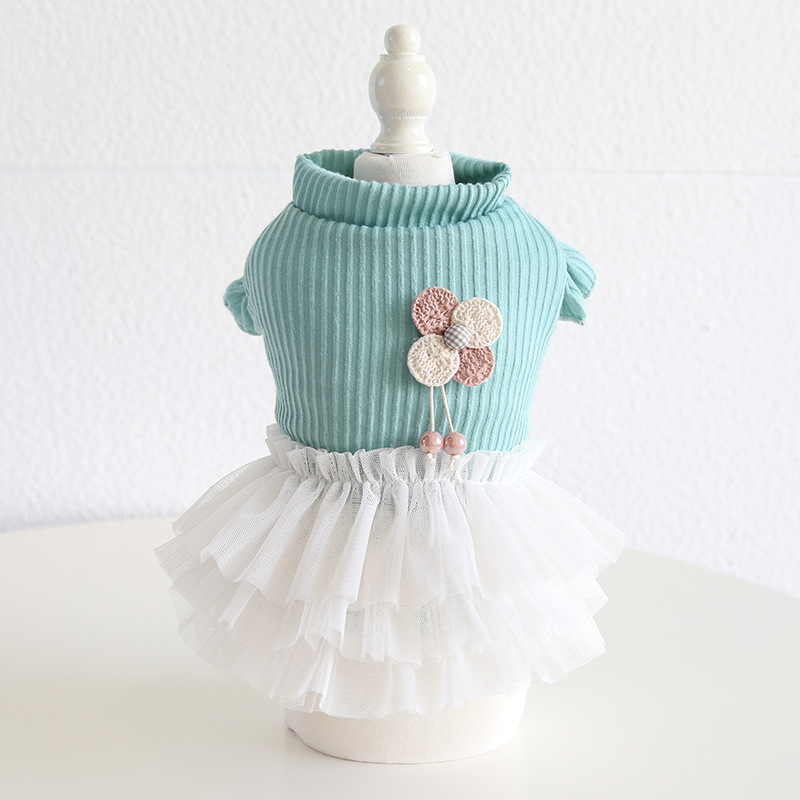 Pet Knit Top Tulle Skirt Set Flower Accent