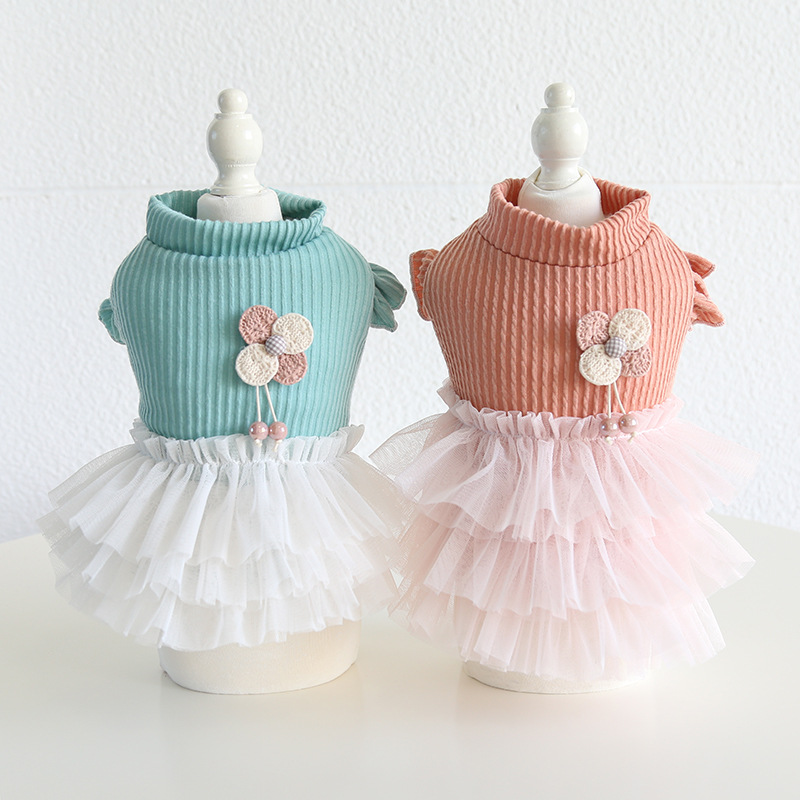 Pet Knit Top Tulle Skirt Set Flower Accent
