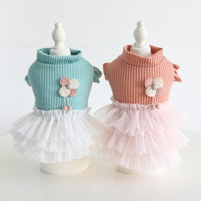 Pet Knit Top Tulle Skirt Set Flower Accent 01