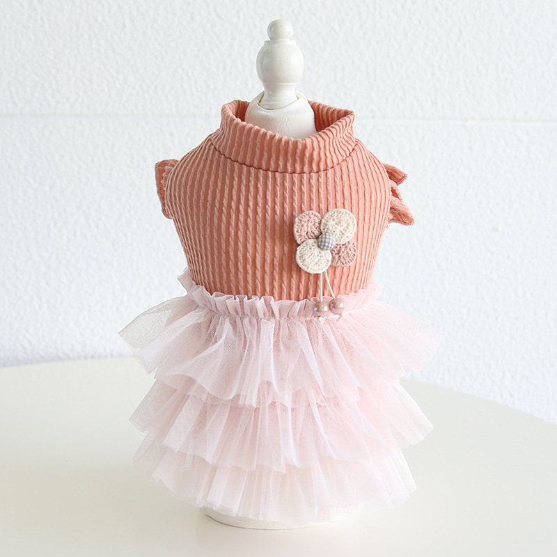 Pet Knit Top Tulle Skirt Set Flower Accent