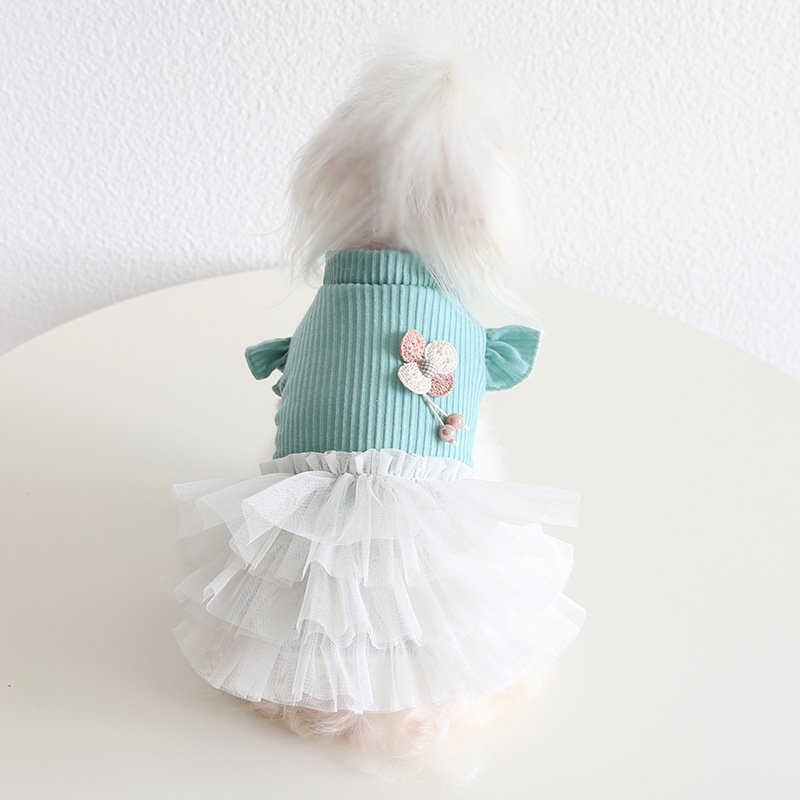 Pet Knit Top Tulle Skirt Set Flower Accent