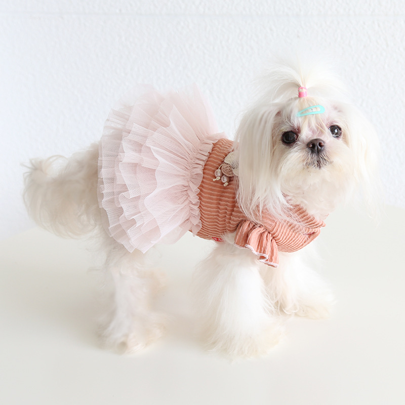 Pet Knit Top Tulle Skirt Set Flower Accent