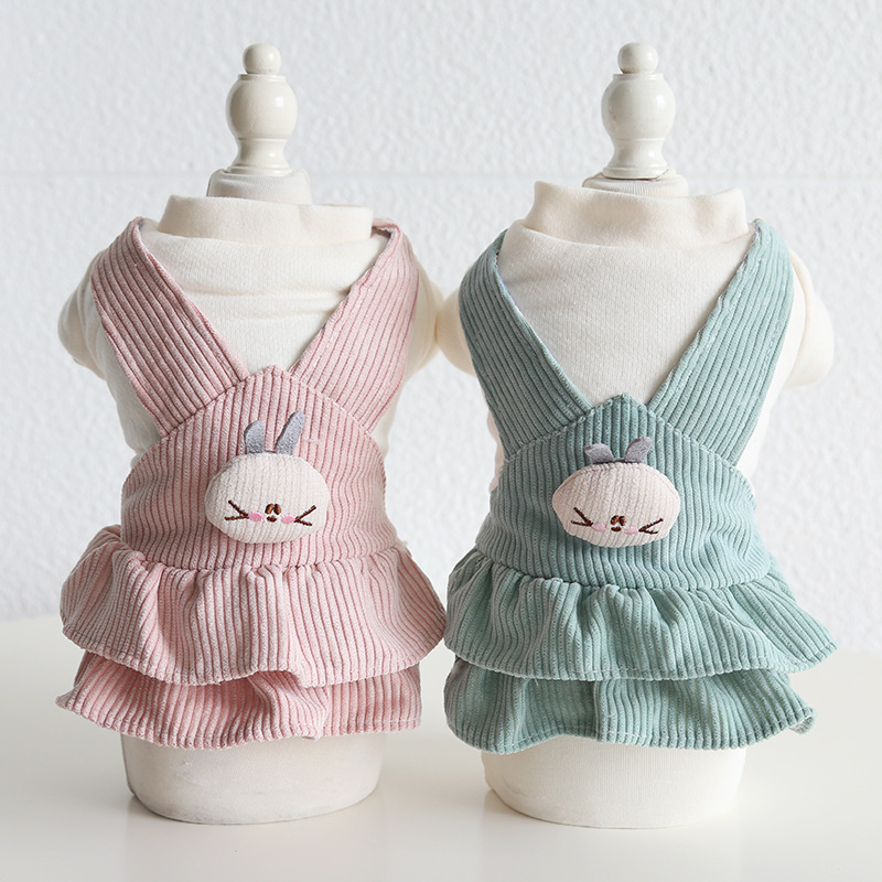 Pet Corduroy Pinafore Bunny Embroidery Ruffle Hem