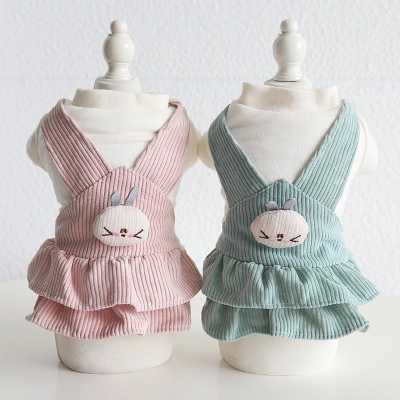 Pet Corduroy Pinafore Bunny Embroidery Ruffle Hem 01