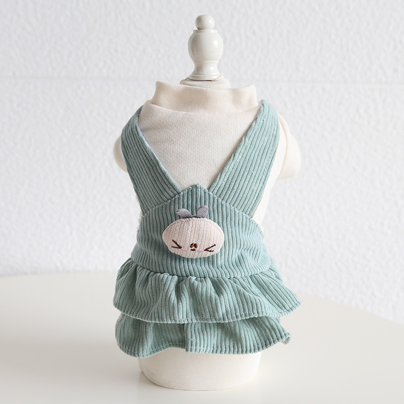Pet Corduroy Pinafore Bunny Embroidery Ruffle Hem