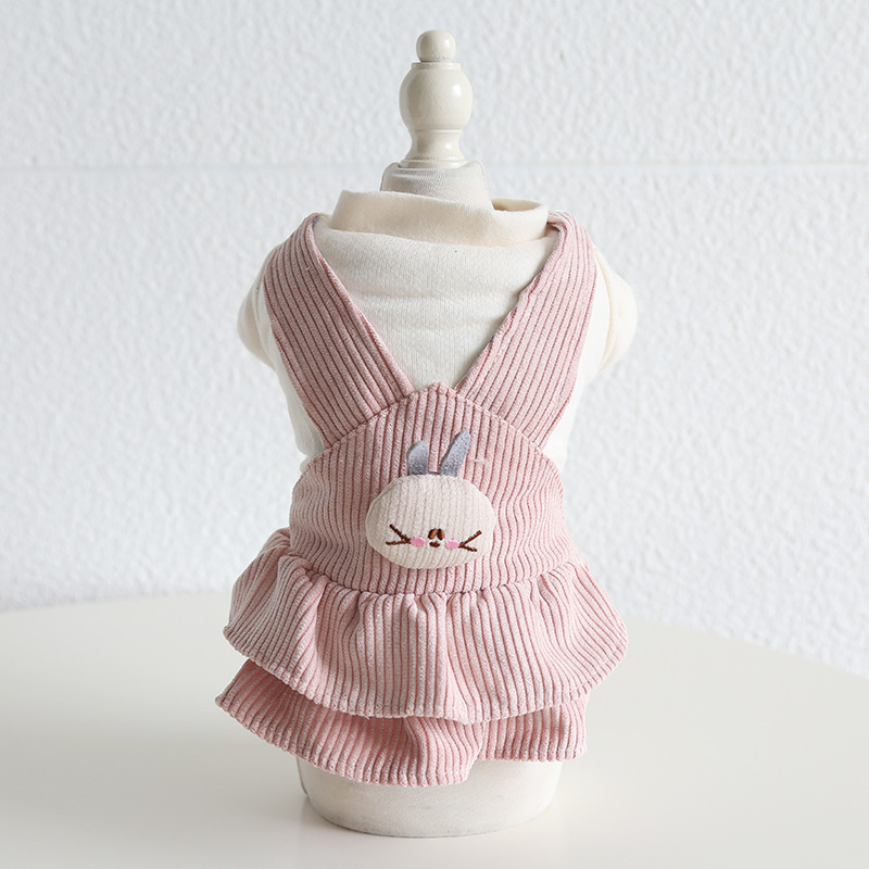 Pet Corduroy Pinafore Bunny Embroidery Ruffle Hem
