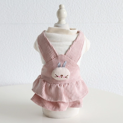 Pet Corduroy Pinafore Bunny Embroidery Ruffle Hem 02