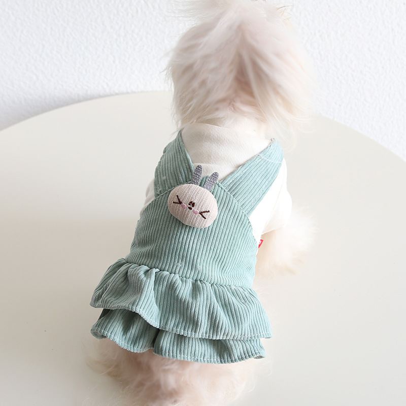 Pet Corduroy Pinafore Bunny Embroidery Ruffle Hem