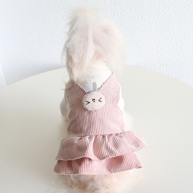 Pet Corduroy Pinafore Bunny Embroidery Ruffle Hem