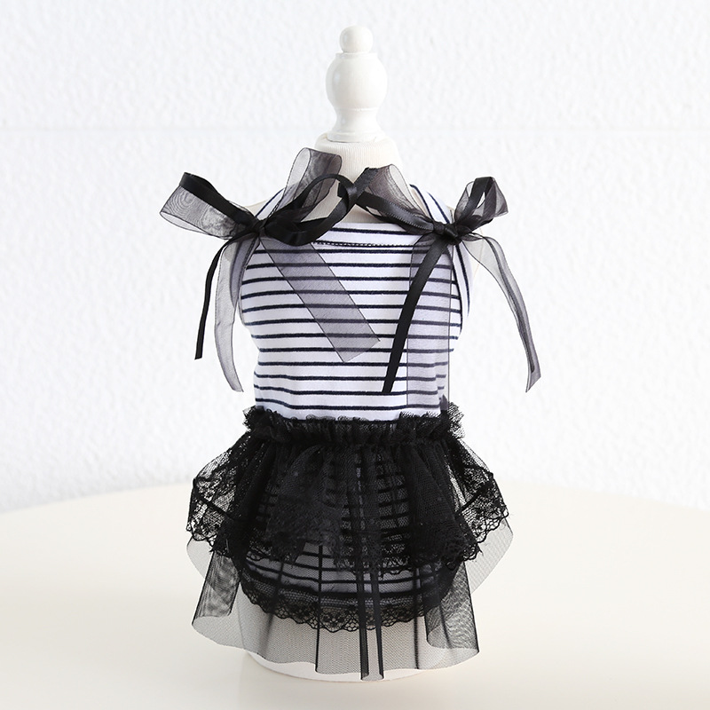 Pet Lace Dress Striped Top Bow Shoulder Design