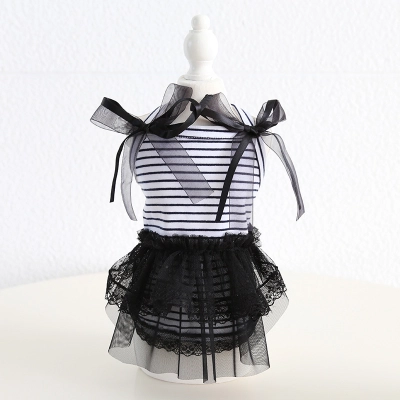 Pet Lace Dress Striped Top Bow Shoulder Design 02