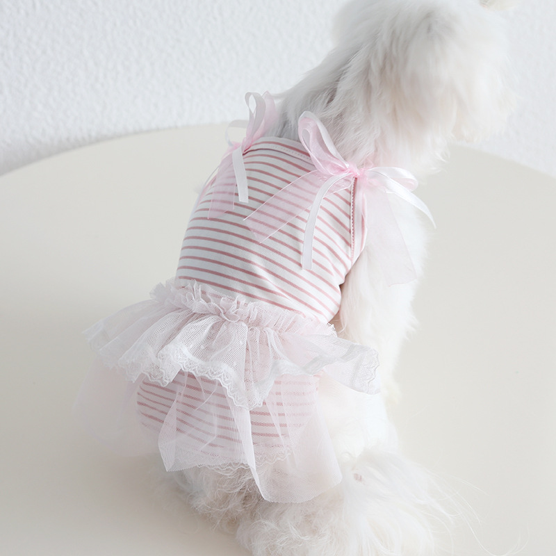 Pet Lace Dress Striped Top Bow Shoulder Design