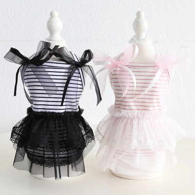 Pet Lace Dress Striped Top Bow Shoulder Design 01