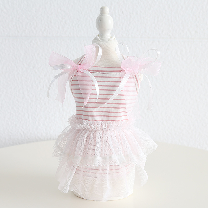 Pet Lace Dress Striped Top Bow Shoulder Design