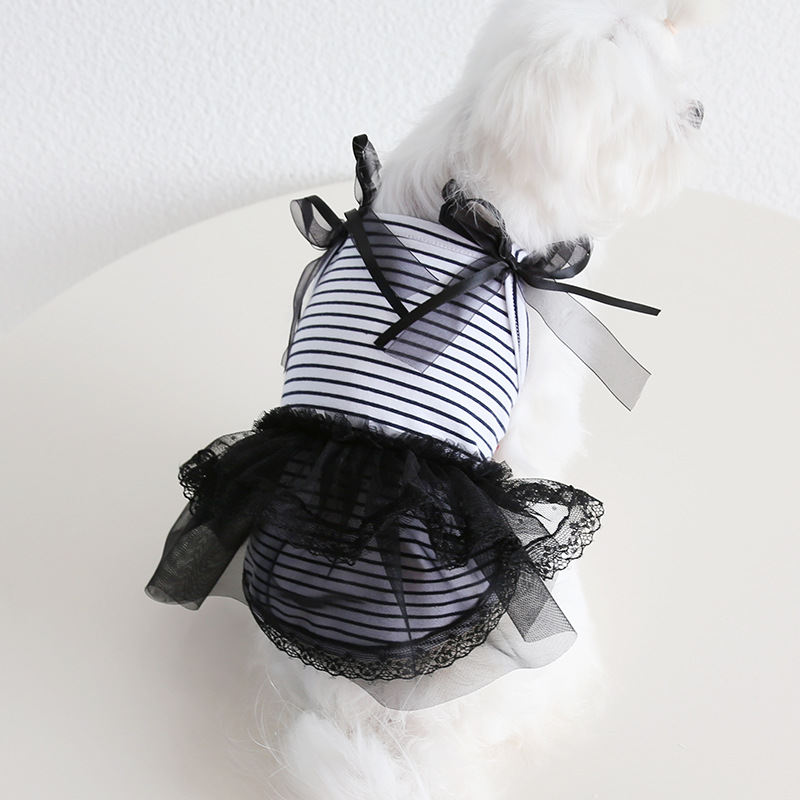 Pet Lace Dress Striped Top Bow Shoulder Design