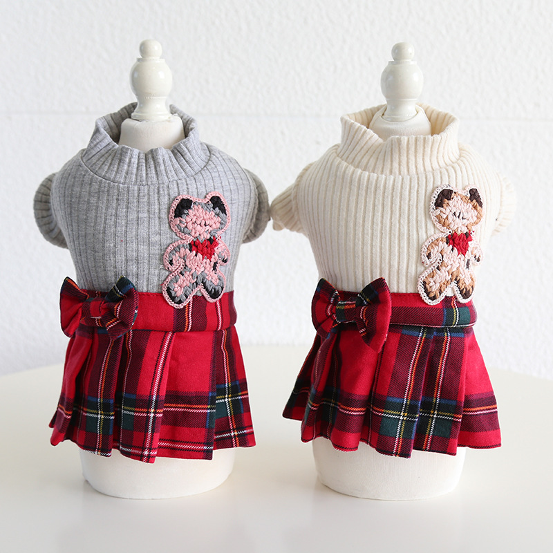 Pet High Neck Sweater Plaid Skirt Set