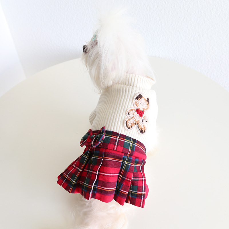 Pet High Neck Sweater Plaid Skirt Set