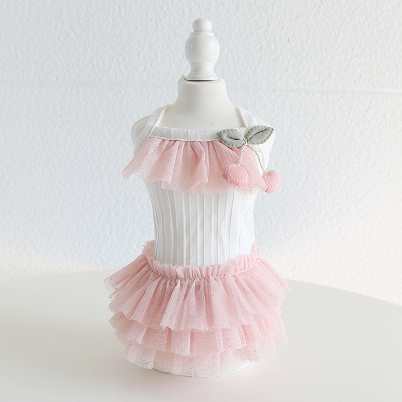 Pet Cherry Lace Dress Tiered Tulle Skirt