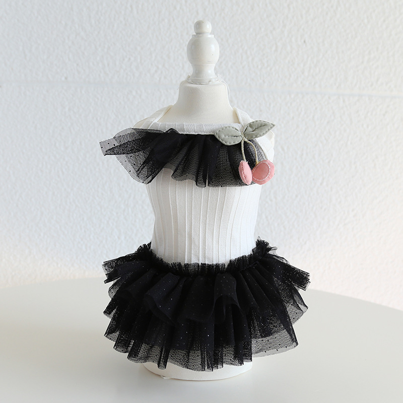 Pet Cherry Lace Dress Tiered Tulle Skirt