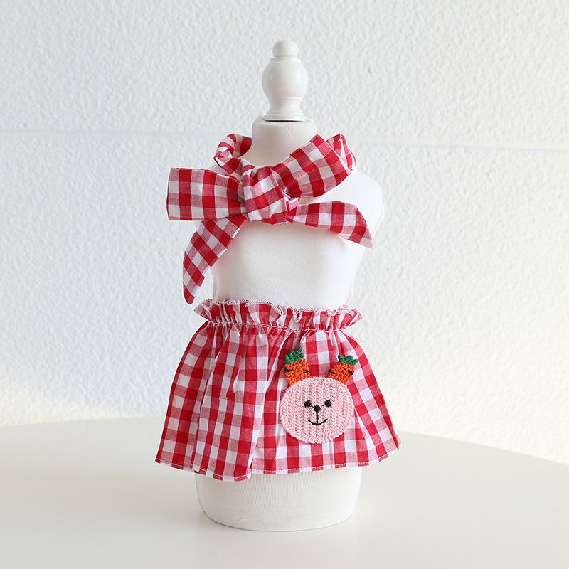 Pet Fruit Bear Dress Checkered Bow Skirt