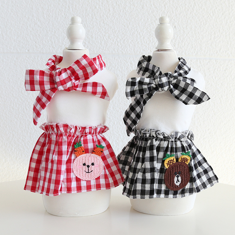 Pet Fruit Bear Dress Checkered Bow Skirt